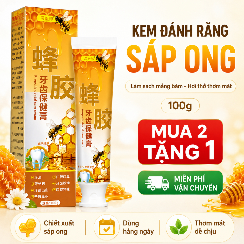 Kem Đánh Răng Sáp Ong 100g | Hỗ Trợ Làm Sạch Mảng Bám, Hơi Thở Thơm Mát | Mua 2 Tặng 1