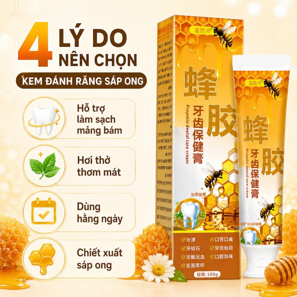 Kem Đánh Răng Sáp Ong 100g | Hỗ Trợ Làm Sạch Mảng Bám, Hơi Thở Thơm Mát | Mua 2 Tặng 1