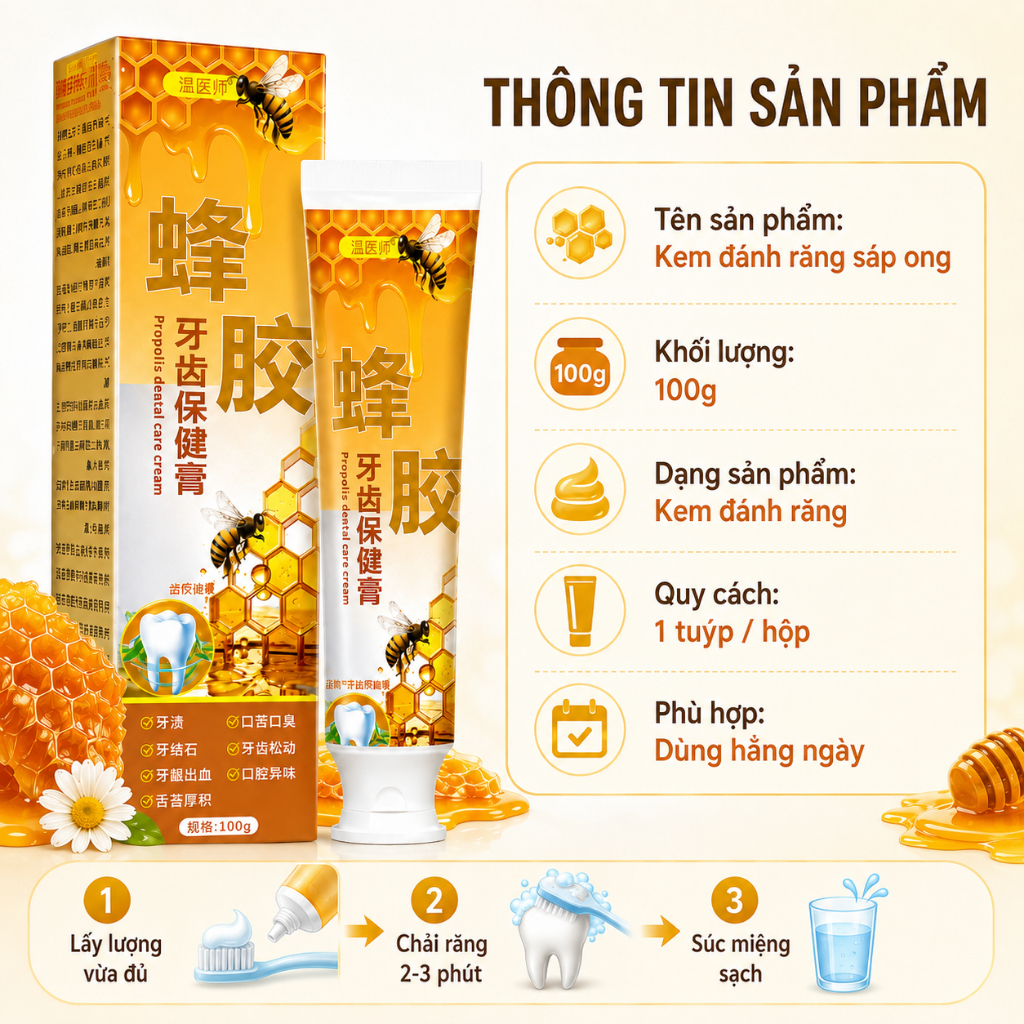 Kem Đánh Răng Sáp Ong 100g | Hỗ Trợ Làm Sạch Mảng Bám, Hơi Thở Thơm Mát | Mua 2 Tặng 1