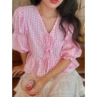 Áo Caro Hồng Tay Lửng - DamiByQuynh