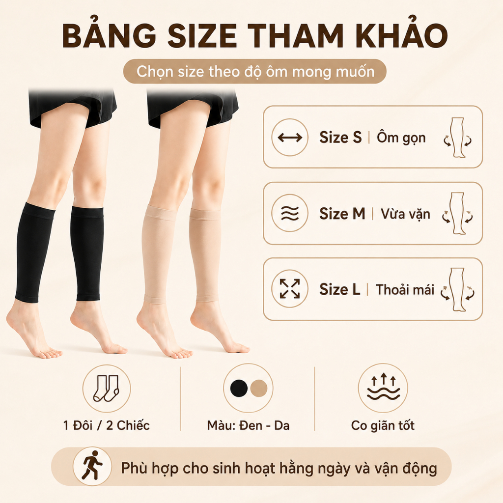 Ống Bó Bắp Chân Co Giãn Thoáng Khí 1 Đôi | Hỗ Trợ Nâng Đỡ Khi Đứng Lâu, Chạy Bộ | Đen/Da Size S-M-L