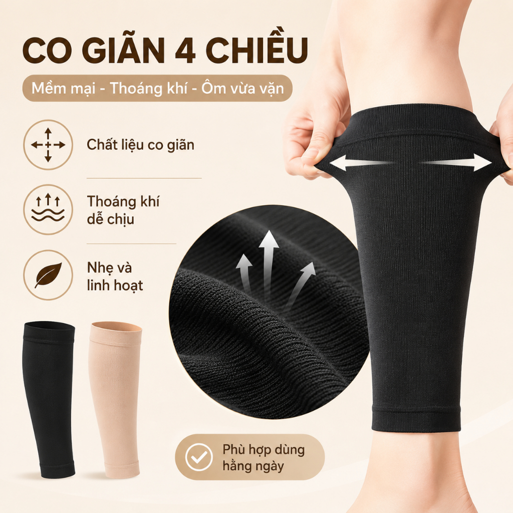 Ống Bó Bắp Chân Co Giãn Thoáng Khí 1 Đôi | Hỗ Trợ Nâng Đỡ Khi Đứng Lâu, Chạy Bộ | Đen/Da Size S-M-L