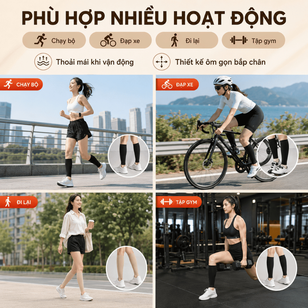 Ống Bó Bắp Chân Co Giãn Thoáng Khí 1 Đôi | Hỗ Trợ Nâng Đỡ Khi Đứng Lâu, Chạy Bộ | Đen/Da Size S-M-L