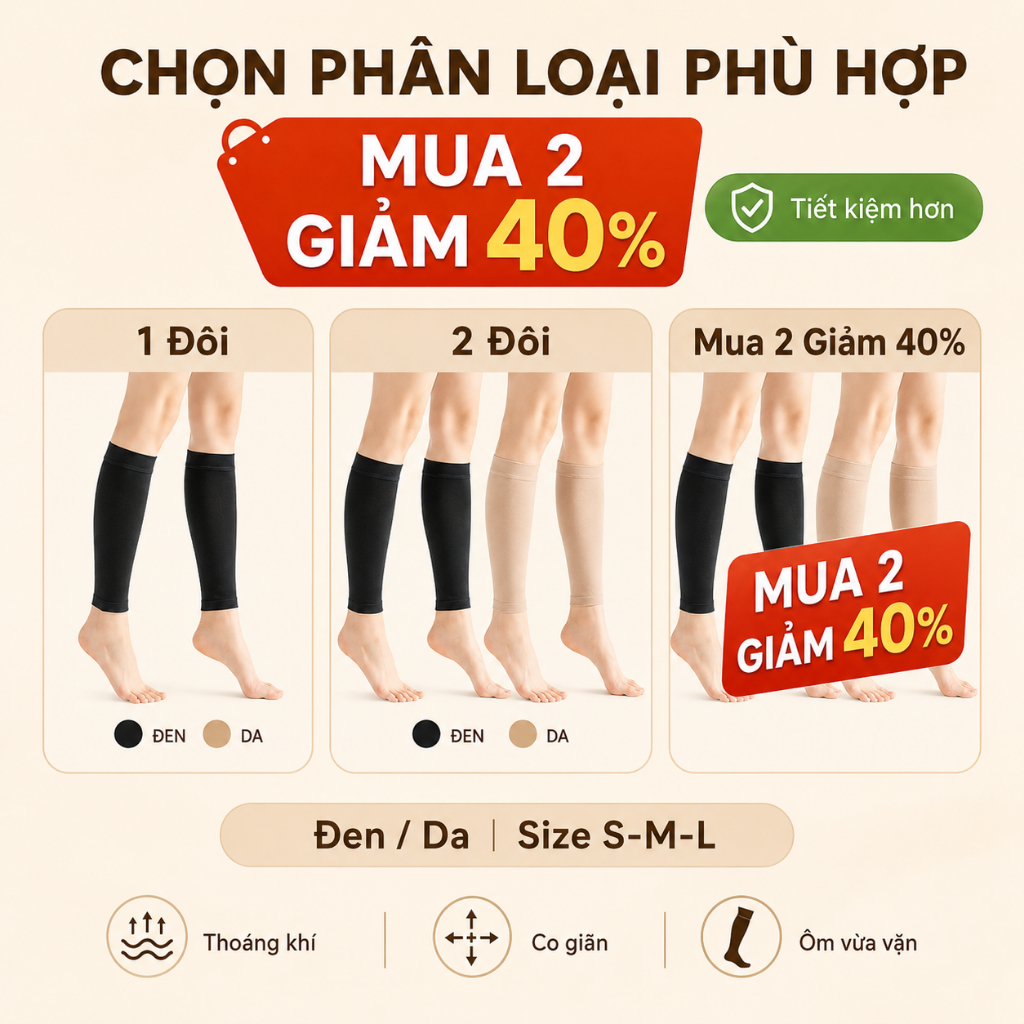 Ống Bó Bắp Chân Co Giãn Thoáng Khí 1 Đôi | Hỗ Trợ Nâng Đỡ Khi Đứng Lâu, Chạy Bộ | Đen/Da Size S-M-L