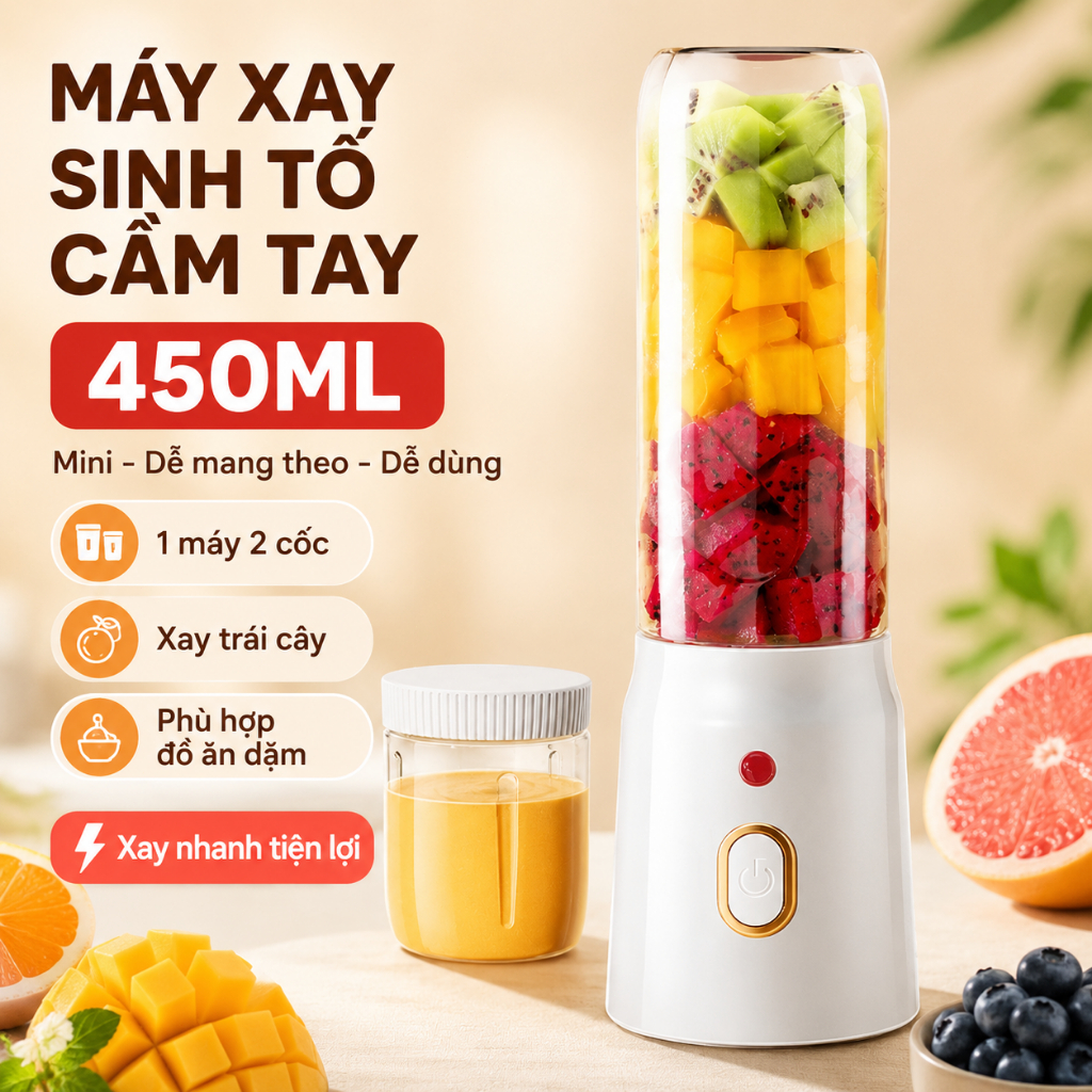 Máy Xay Sinh Tố Cầm Tay Mini 450ml | 1 Máy 2 Cốc, Sạc USB 5V | Xay Trái Cây Và Đồ Ăn Dặm