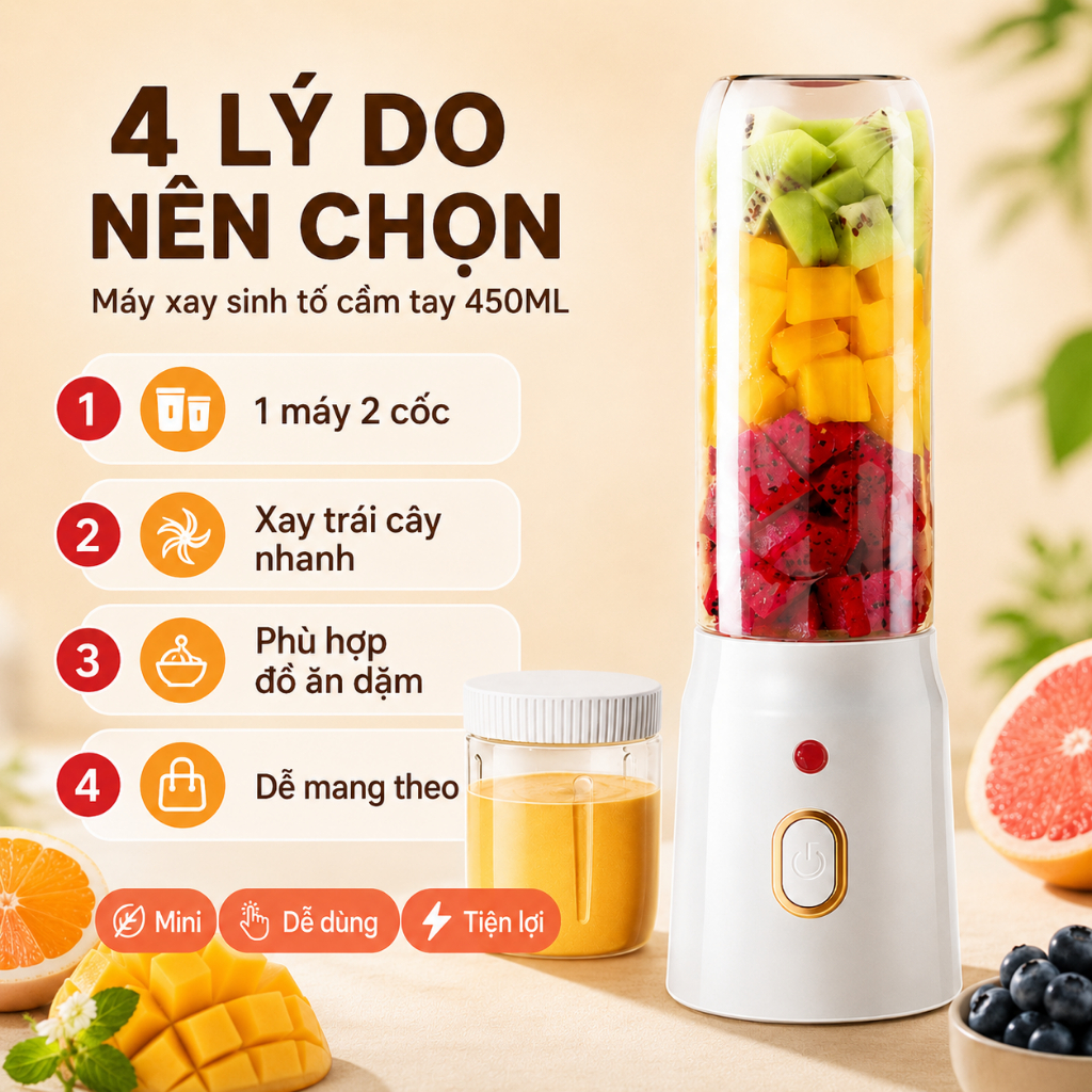 Máy Xay Sinh Tố Cầm Tay Mini 450ml | 1 Máy 2 Cốc, Sạc USB 5V | Xay Trái Cây Và Đồ Ăn Dặm