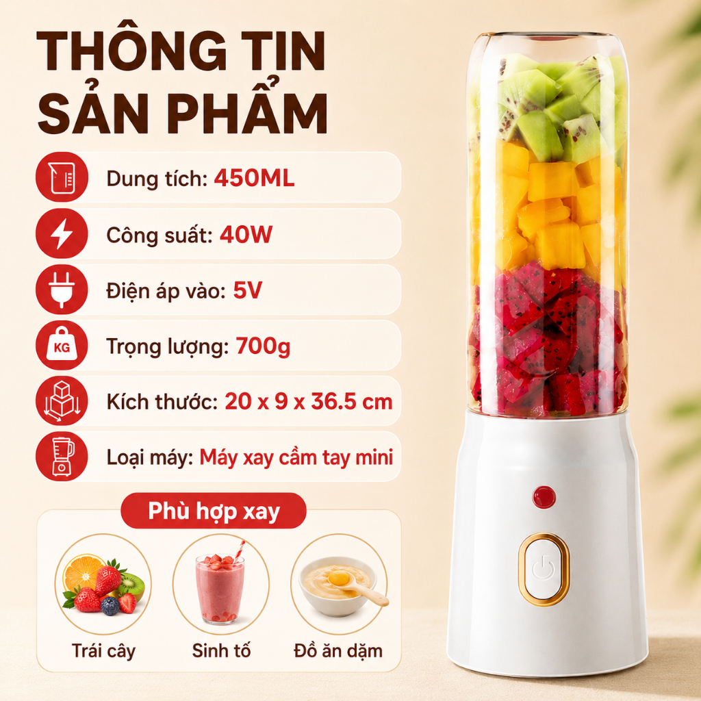 Máy Xay Sinh Tố Cầm Tay Mini 450ml | 1 Máy 2 Cốc, Sạc USB 5V | Xay Trái Cây Và Đồ Ăn Dặm