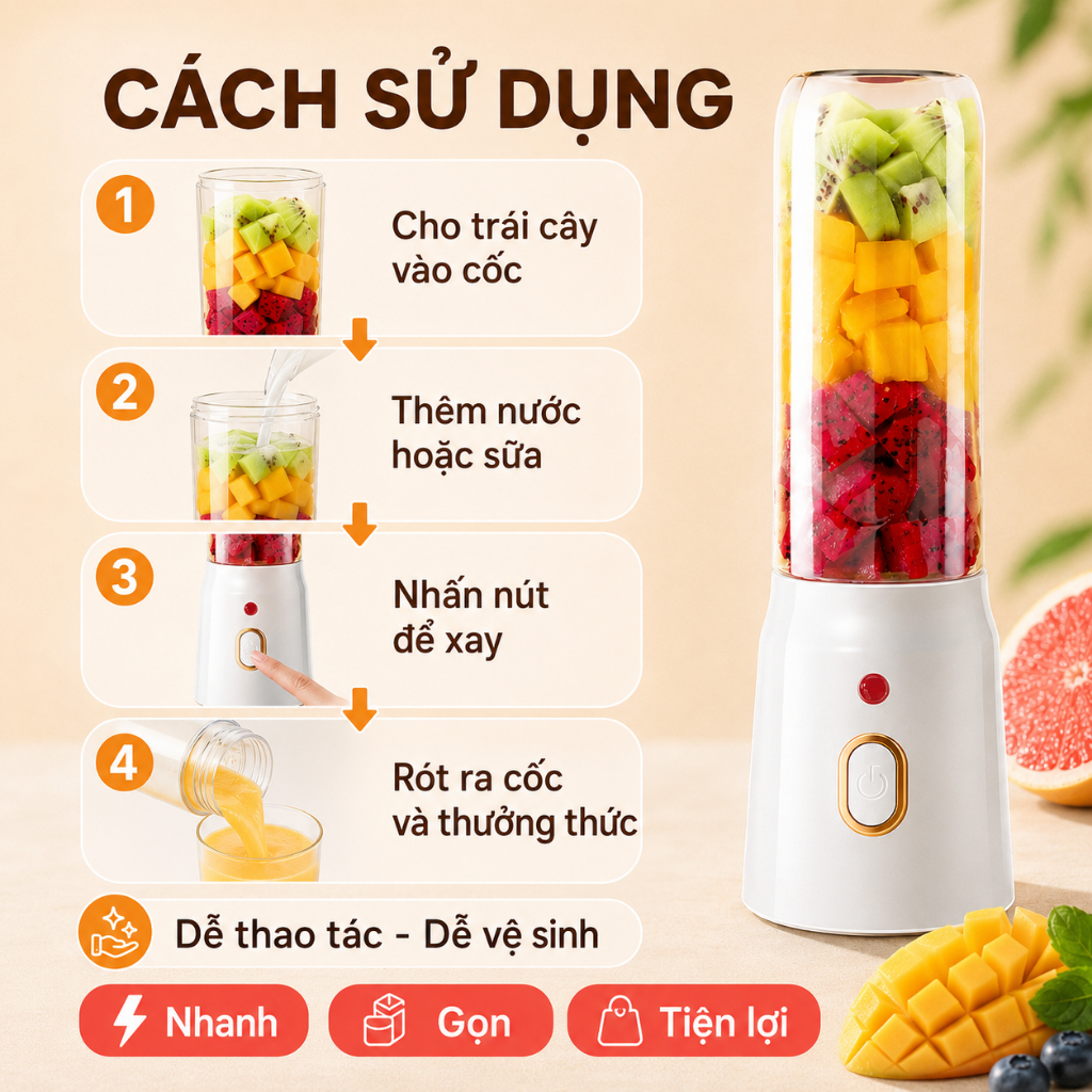 Máy Xay Sinh Tố Cầm Tay Mini 450ml | 1 Máy 2 Cốc, Sạc USB 5V | Xay Trái Cây Và Đồ Ăn Dặm