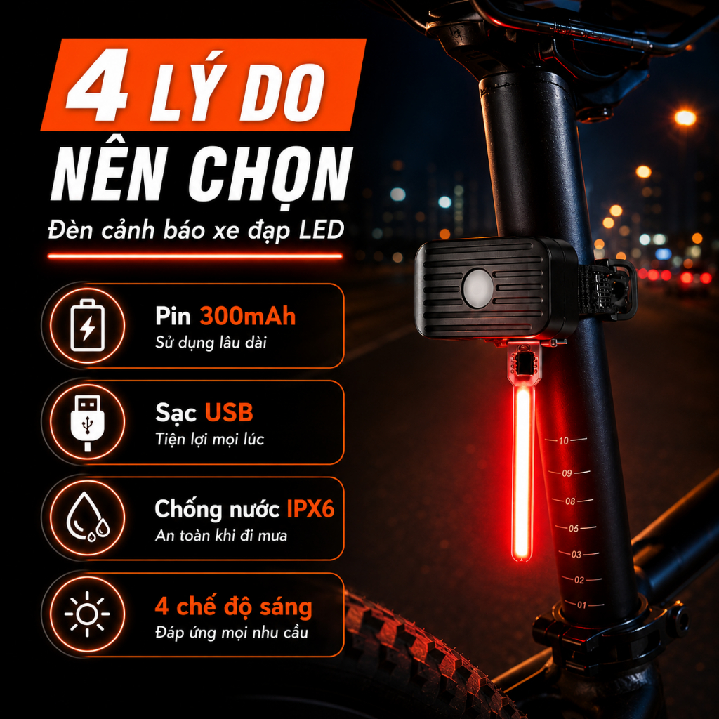 Đèn Cảnh Báo Xe Đạp LED Sạc USB 300mAh | Chống Nước IPX6, 4 Chế Độ Sáng | Đỏ/Vàng/Xanh