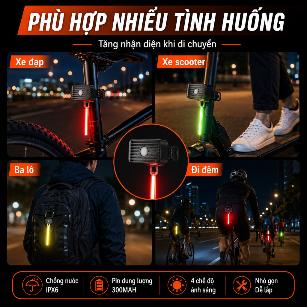 Đèn Cảnh Báo Xe Đạp LED Sạc USB 300mAh | Chống Nước IPX6, 4 Chế Độ Sáng | Đỏ/Vàng/Xanh