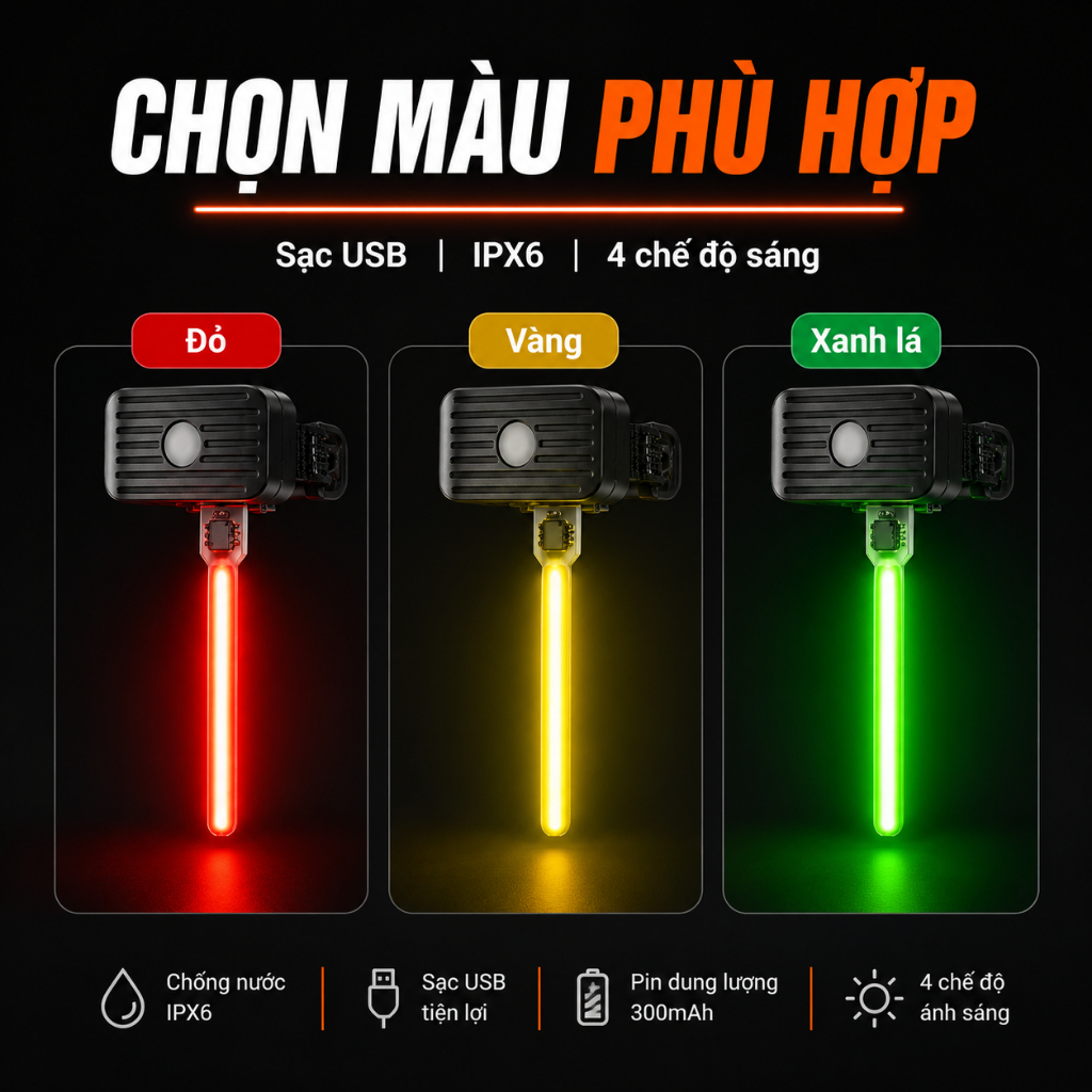 Đèn Cảnh Báo Xe Đạp LED Sạc USB 300mAh | Chống Nước IPX6, 4 Chế Độ Sáng | Đỏ/Vàng/Xanh