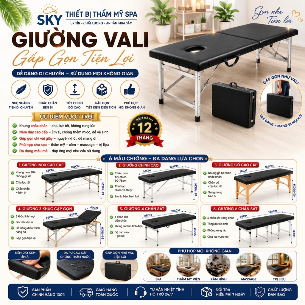 Giường Vali Xếp Gấp Gọn Cho Cá Nhân Spa Thẩm Mỹ Viện Bộ Chăm Sóc Da Chính Hãng LinsDay