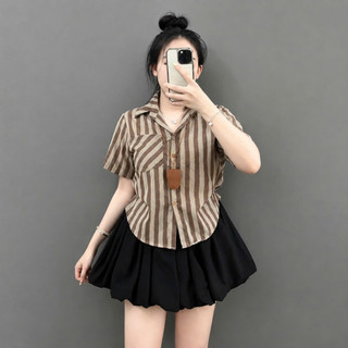Set Bộ Bigsize Nữ Áo Sơ Mi Kẻ Sọc Vải Linen Kèm Chân Váy Bí Năng Động Cho Chubby A288 +CV413
