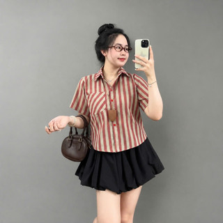 Set Bộ Bigsize Nữ Áo Sơ Mi Kẻ Sọc Vải Linen Kèm Chân Váy Bí Năng Động Cho Chubby A288 +CV413