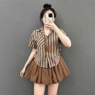 Set Bộ Bigsize Nữ Áo Sơ Mi Kẻ Sọc Vải Linen Kèm Chân Váy Bí Năng Động Cho Chubby A288 +CV413