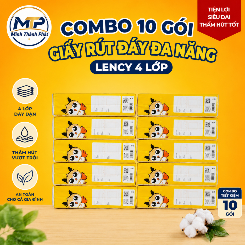 Combo 10 Gói Giấy Rút Đáy Đa Năng Lency 4 Lớp Cao Cấp, Mềm Mịn, An Toàn