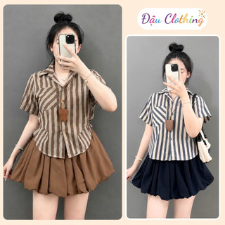 Set Bộ Bigsize Nữ Áo Sơ Mi Kẻ Sọc Vải Linen Kèm Chân Váy Bí Năng Động Cho Chubby A288 +CV413