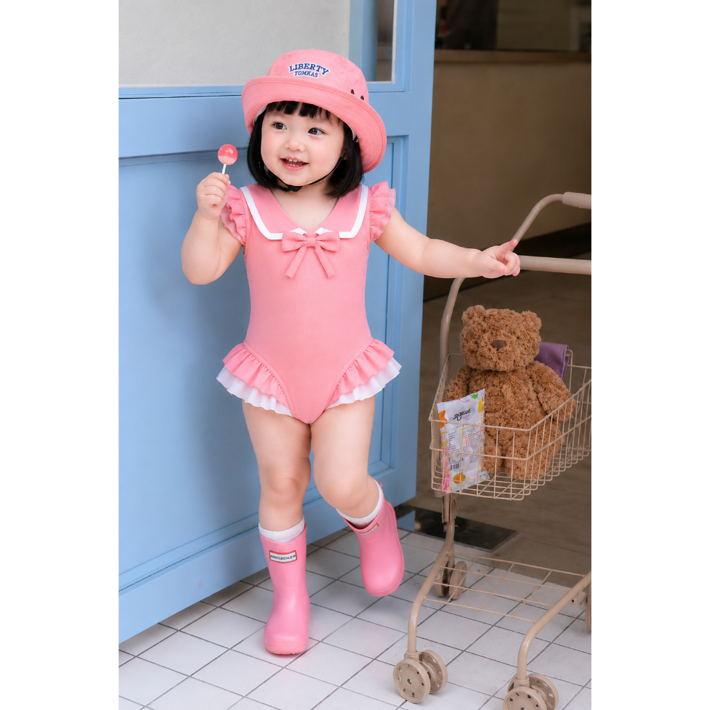 Đồ bơi bé gái liền thân hồng phối bèo, đồ bơi trẻ em đính nơ cổ dễ thương S5