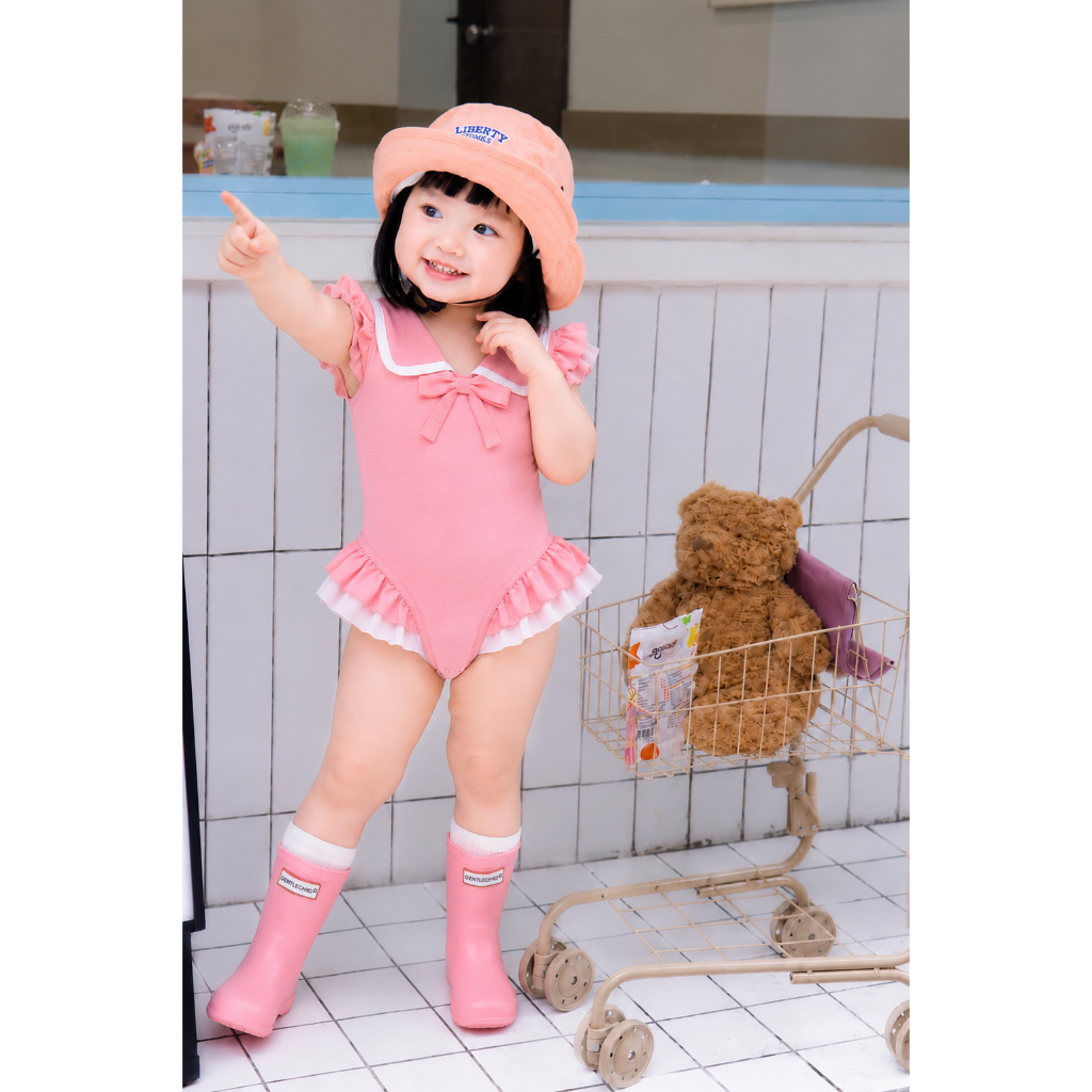 Đồ bơi bé gái liền thân hồng phối bèo, đồ bơi trẻ em đính nơ cổ dễ thương S5