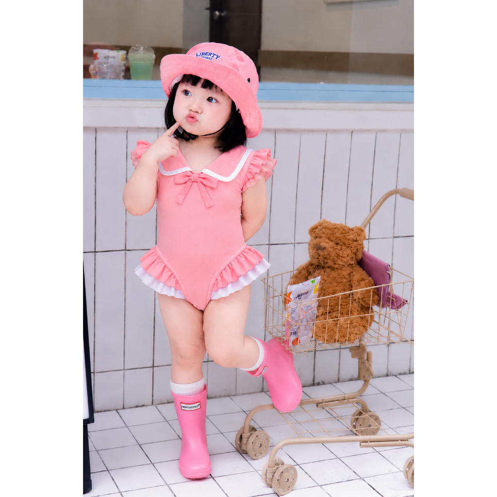 Đồ bơi bé gái liền thân hồng phối bèo, đồ bơi trẻ em đính nơ cổ dễ thương S5