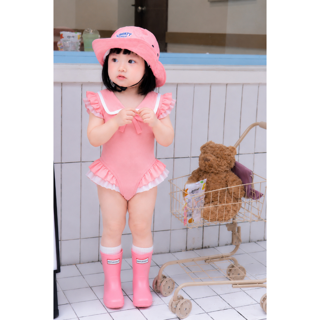 Đồ bơi bé gái liền thân hồng phối bèo, đồ bơi trẻ em đính nơ cổ dễ thương S5