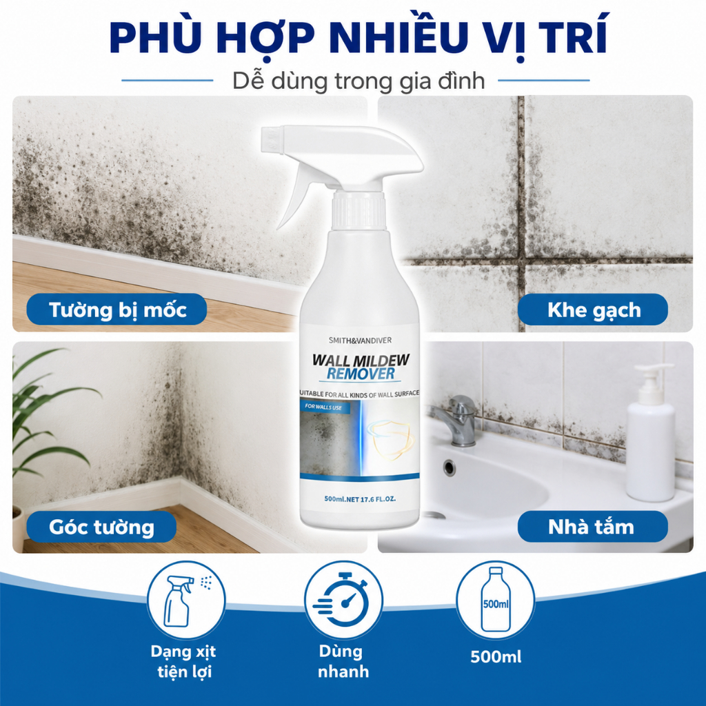 Xịt Tẩy Mốc Tường 500ml | Làm Sạch Nấm Mốc, Vết Ẩm Mốc Trên Tường Và Khe Gạch