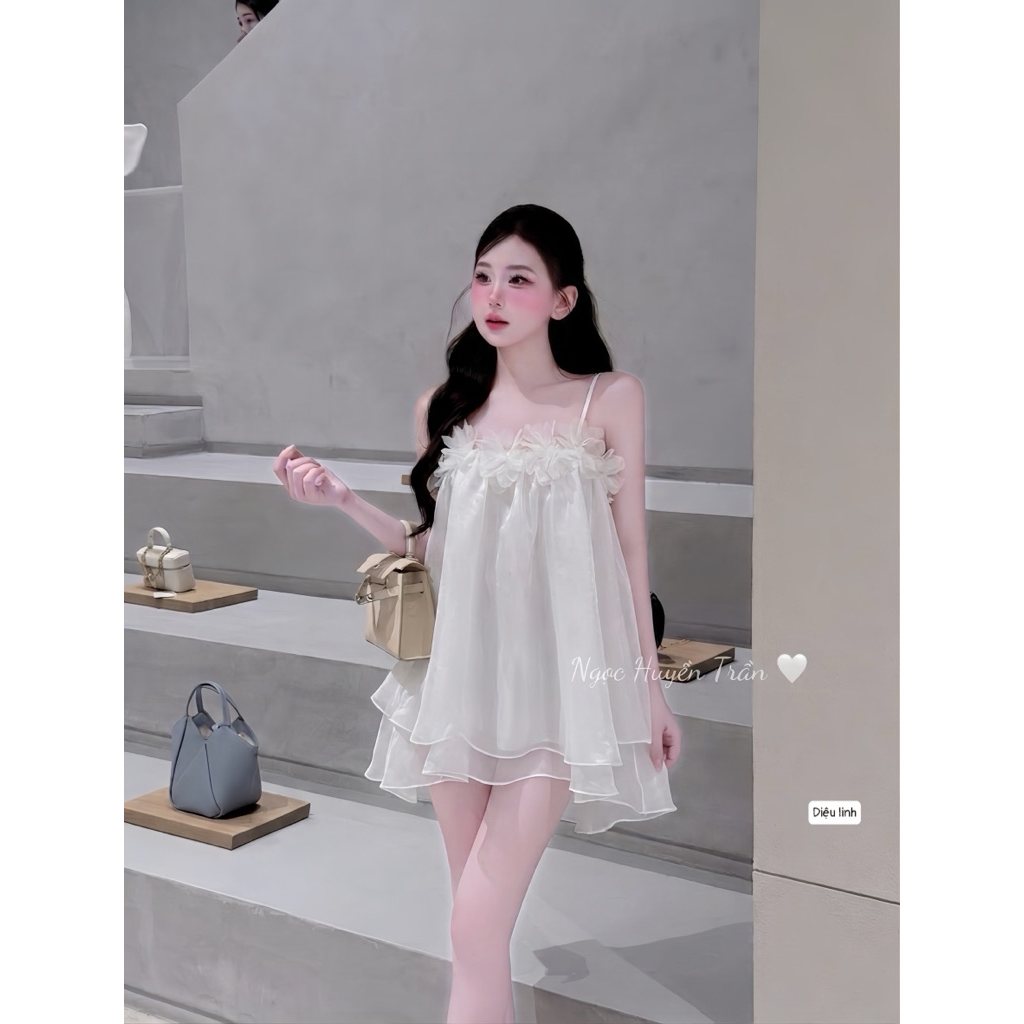 Đầm hai dây nơ hoa dáng xuông babydoll kute