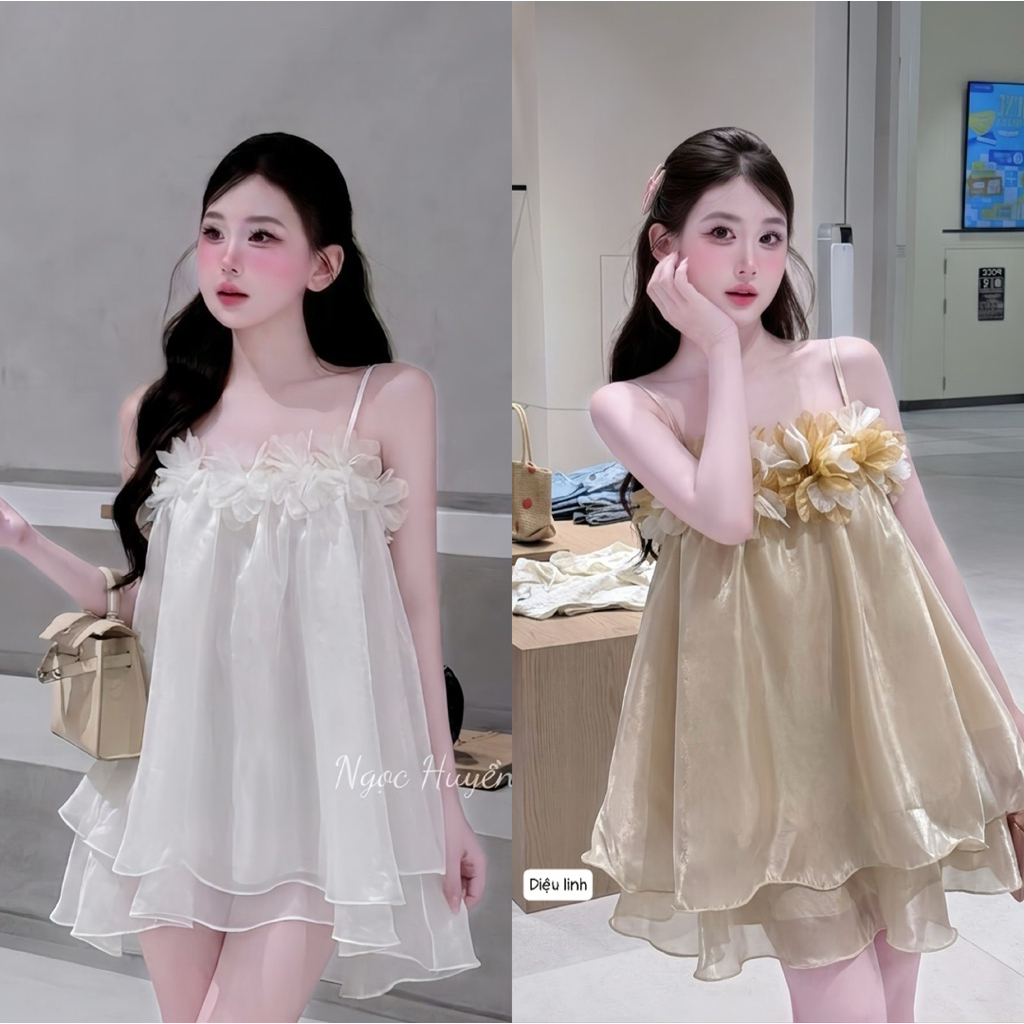 Đầm hai dây nơ hoa dáng xuông babydoll kute
