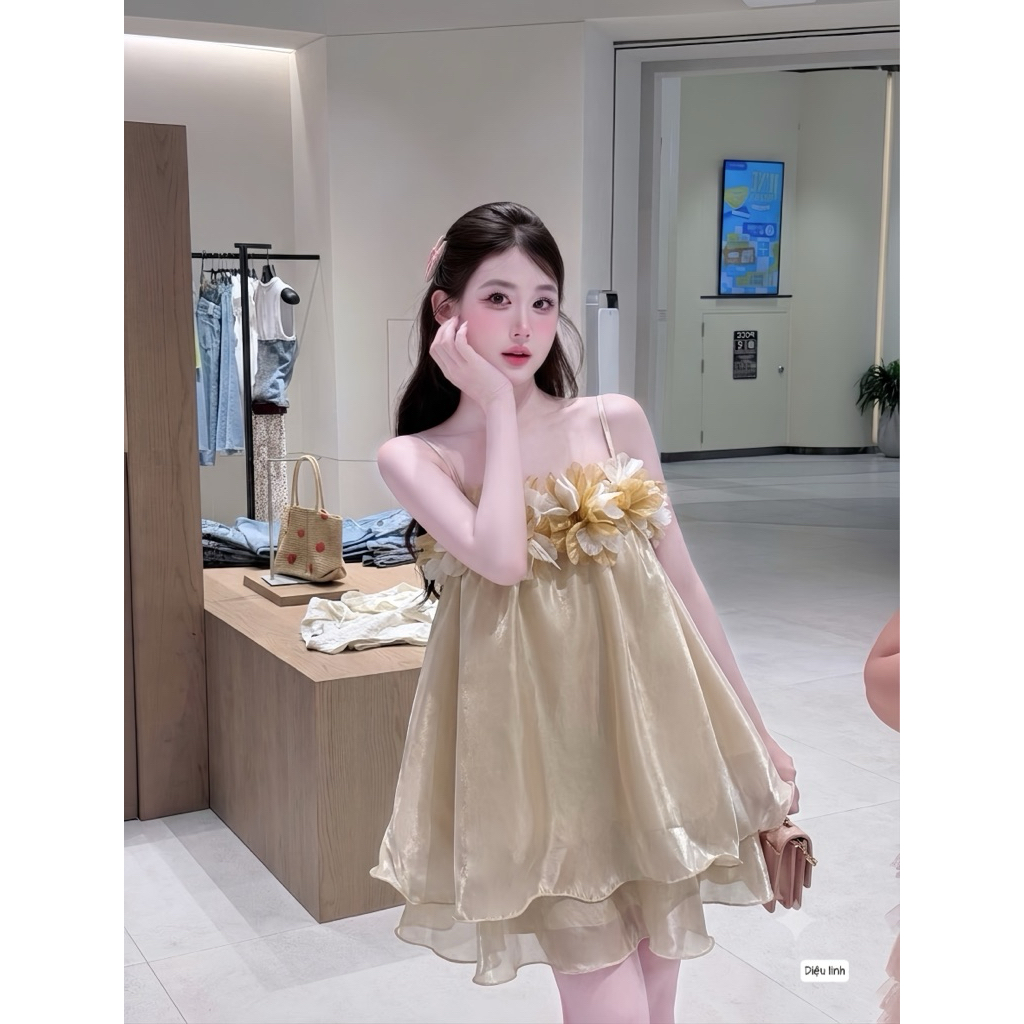 Đầm hai dây nơ hoa dáng xuông babydoll kute