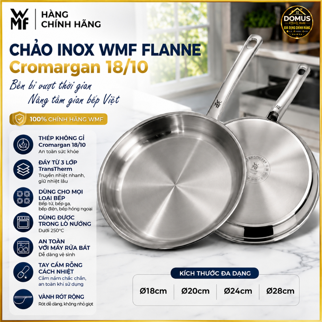 CHẢO INOX WMF FLANNE Frying Pan Cromargan 18/10 Đáy Từ 3 Lớp Dùng Bếp Từ Ø18-28cm Chính Hãng BH 24th