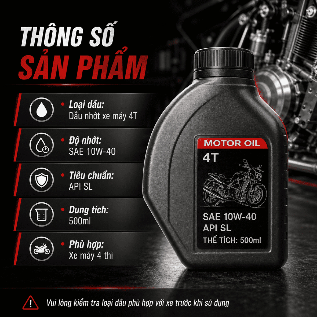 Dầu Nhớt Xe Máy 4T 500ml SAE 10W-40 API SL | Bôi Trơn, Hỗ Trợ Giảm Ma Sát Động Cơ