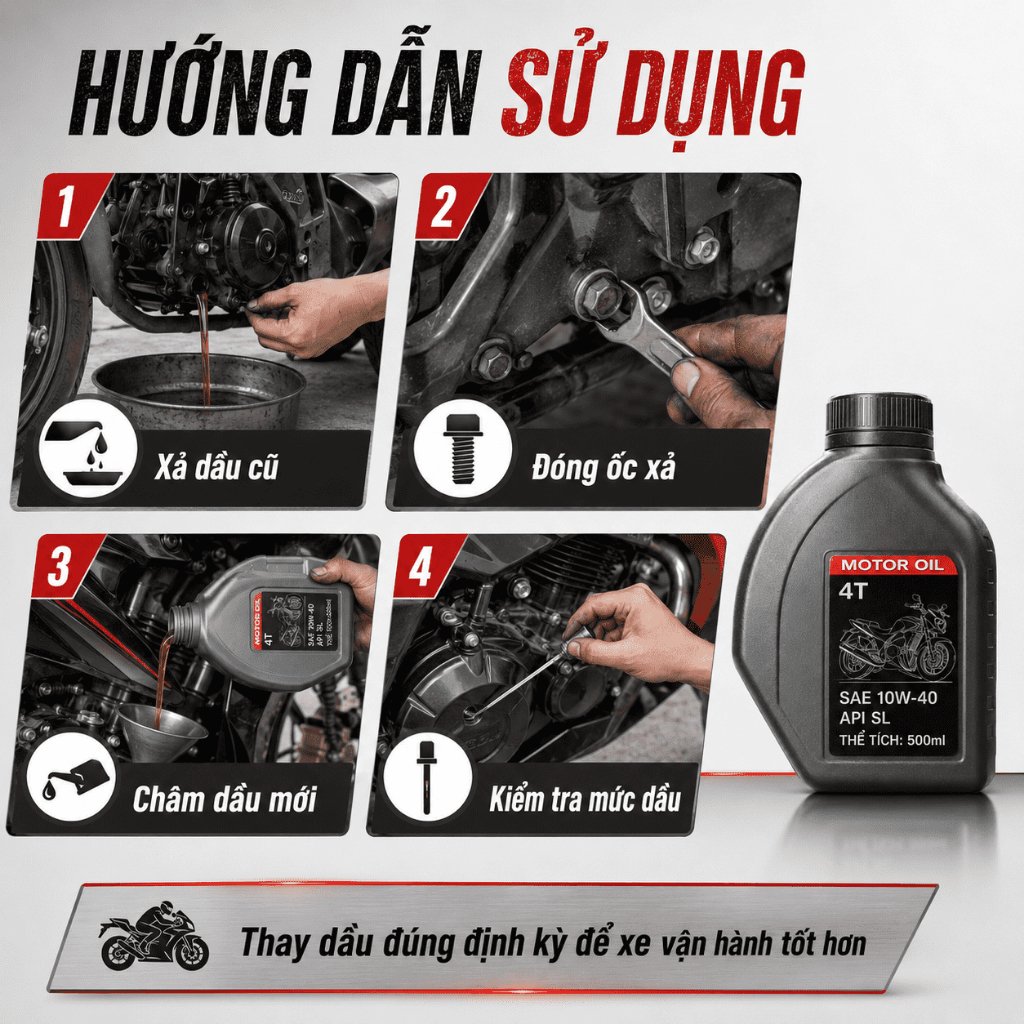 Dầu Nhớt Xe Máy 4T 500ml SAE 10W-40 API SL | Bôi Trơn, Hỗ Trợ Giảm Ma Sát Động Cơ