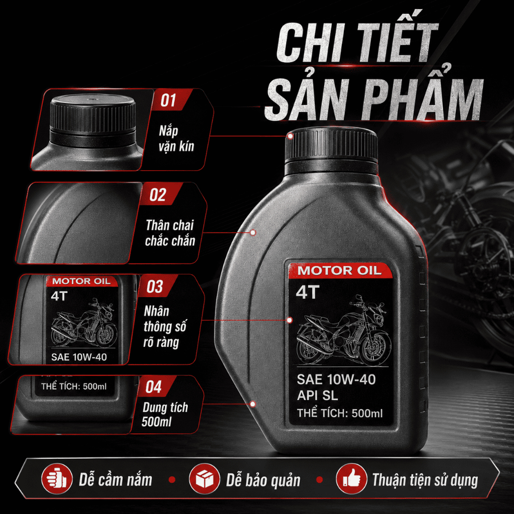 Dầu Nhớt Xe Máy 4T 500ml SAE 10W-40 API SL | Bôi Trơn, Hỗ Trợ Giảm Ma Sát Động Cơ