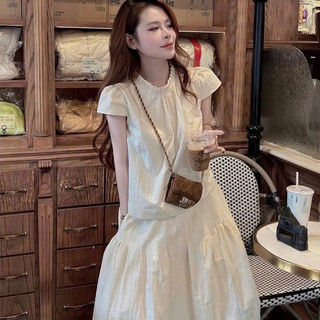 Set Váy Dài Nữ Hàn Quốc Cổ Nhún Bèo Xếp Ly, Bộ Áo Tay Bồng Dáng Ngắn Phối Chân Váy Tầng Xoè Tiểu Thư