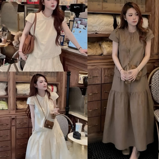 Set Váy Dài Nữ Hàn Quốc Cổ Nhún Bèo Xếp Ly, Bộ Áo Tay Bồng Dáng Ngắn Phối Chân Váy Tầng Xoè Tiểu Thư