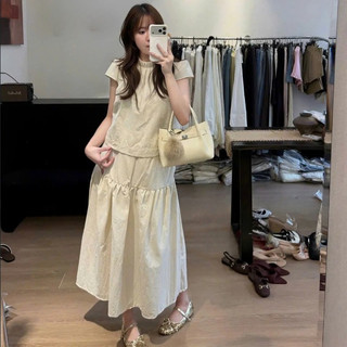Set Váy Dài Nữ Hàn Quốc Cổ Nhún Bèo Xếp Ly, Bộ Áo Tay Bồng Dáng Ngắn Phối Chân Váy Tầng Xoè Tiểu Thư