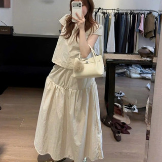 Set Váy Dài Nữ Hàn Quốc Cổ Nhún Bèo Xếp Ly, Bộ Áo Tay Bồng Dáng Ngắn Phối Chân Váy Tầng Xoè Tiểu Thư
