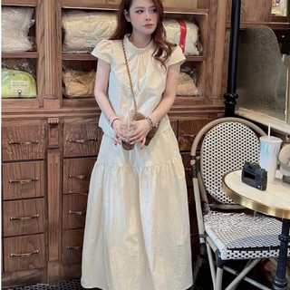 Set Váy Dài Nữ Hàn Quốc Cổ Nhún Bèo Xếp Ly, Bộ Áo Tay Bồng Dáng Ngắn Phối Chân Váy Tầng Xoè Tiểu Thư