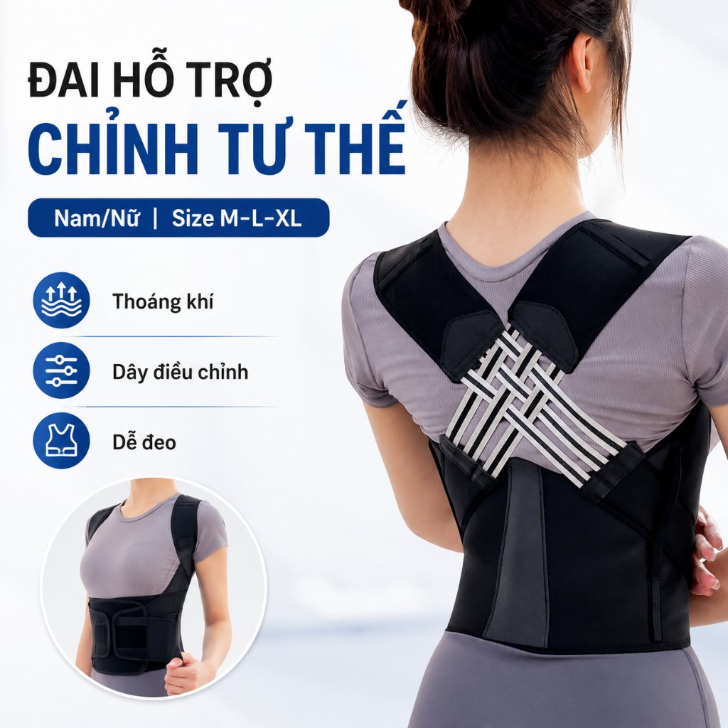 Đai Chỉnh Tư Thế Chống Gù Lưng Nam Nữ | Dây Điều Chỉnh, Thoáng Khí, Dễ Đeo | Size M-L-XL