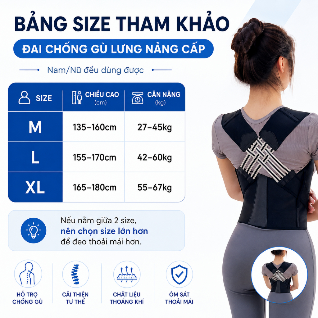 Đai Chỉnh Tư Thế Chống Gù Lưng Nam Nữ | Dây Điều Chỉnh, Thoáng Khí, Dễ Đeo | Size M-L-XL