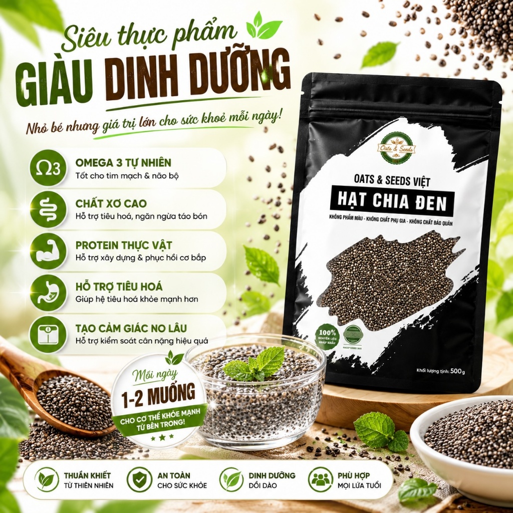 Hạt Chia Đen 500g Oats & Seeds Việt - Hạt Chia Nhập Khẩu, Giàu Chất Xơ, Túi Zip/Hũ
