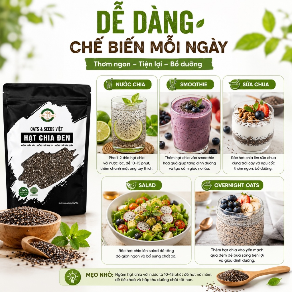 Hạt Chia Đen 500g Oats & Seeds Việt - Hạt Chia Nhập Khẩu, Giàu Chất Xơ, Túi Zip/Hũ