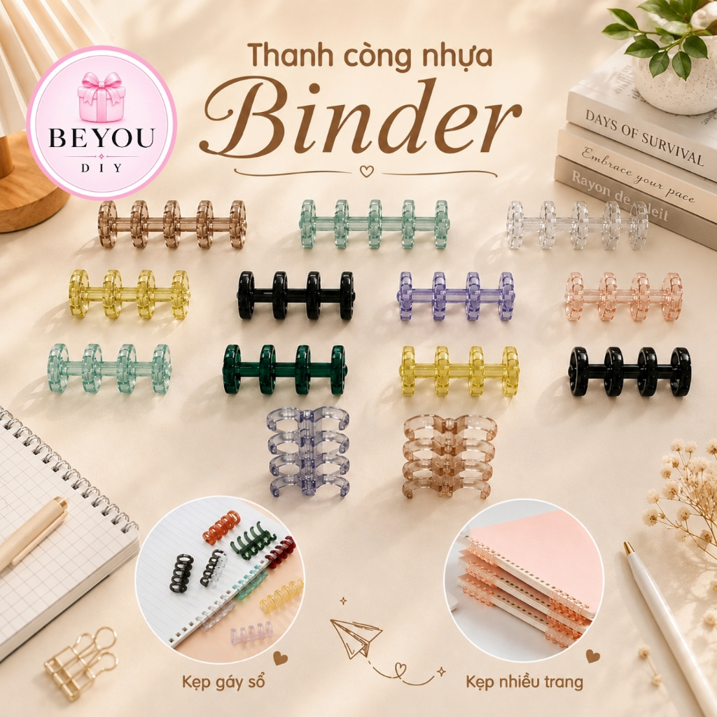 Combo 4 Thanh Còng Nhựa Rời Cho Sổ Tay, Planner, Còng Binder Mở Đóng Linh Hoạt, Nhiều Màu Trong Suốt