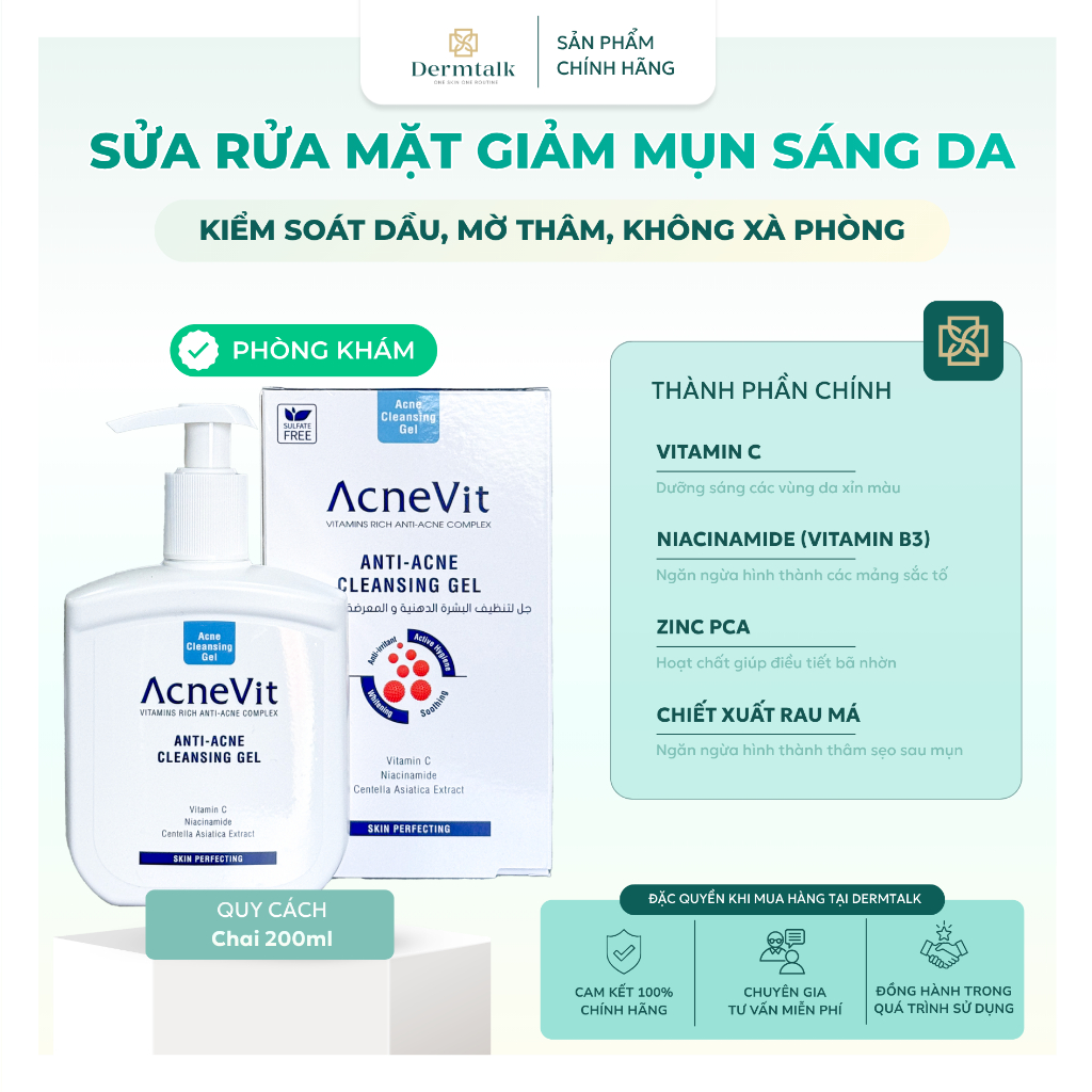 Gel rửa mặt giảm mụn sáng da AcneVit Anti-Acne Cleansing Gel 200ml - Sữa rửa mặt mờ thâm, kiểm soát dầu (không xà phòng)