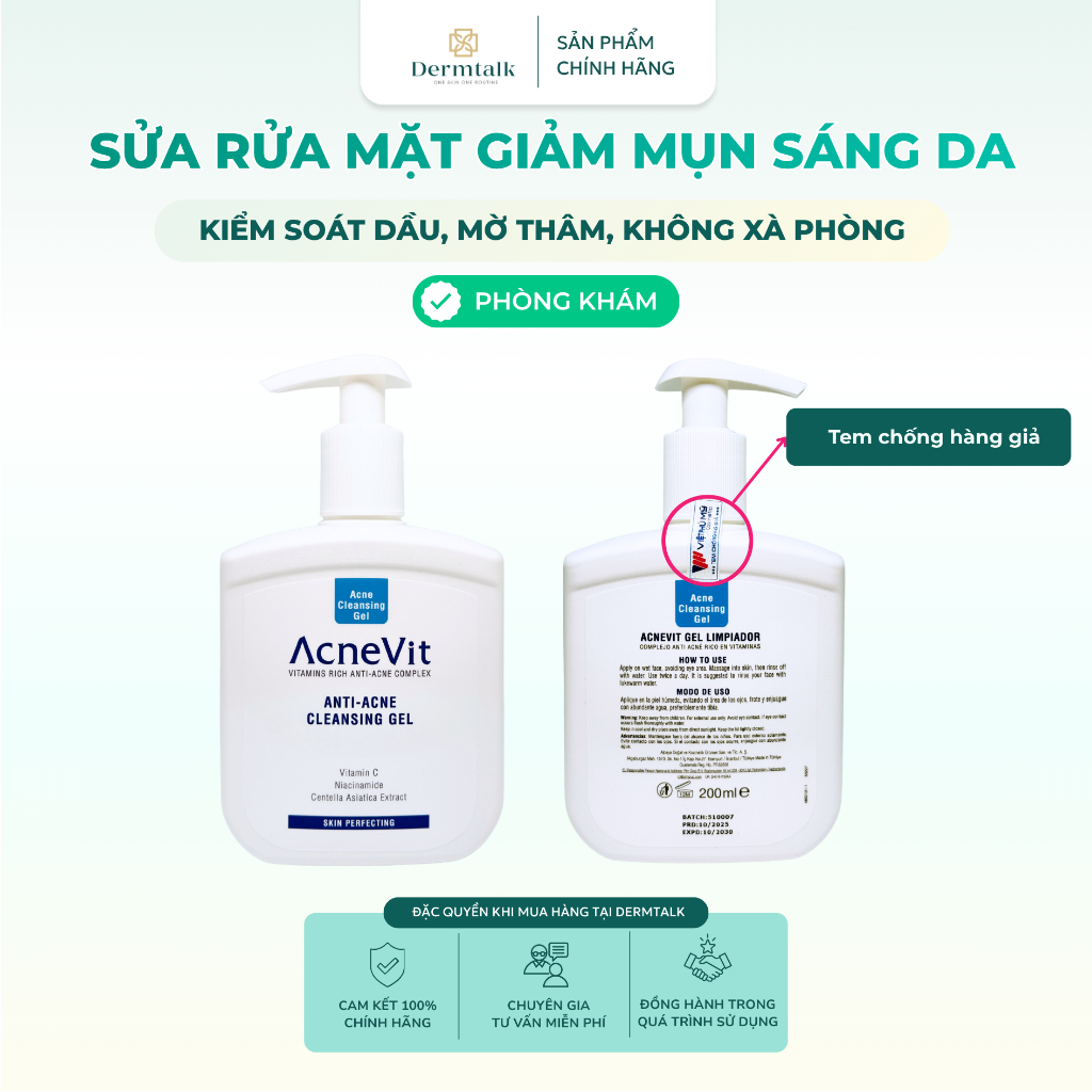 Gel rửa mặt giảm mụn sáng da AcneVit Anti-Acne Cleansing Gel 200ml - Sữa rửa mặt mờ thâm, kiểm soát dầu (không xà phòng)