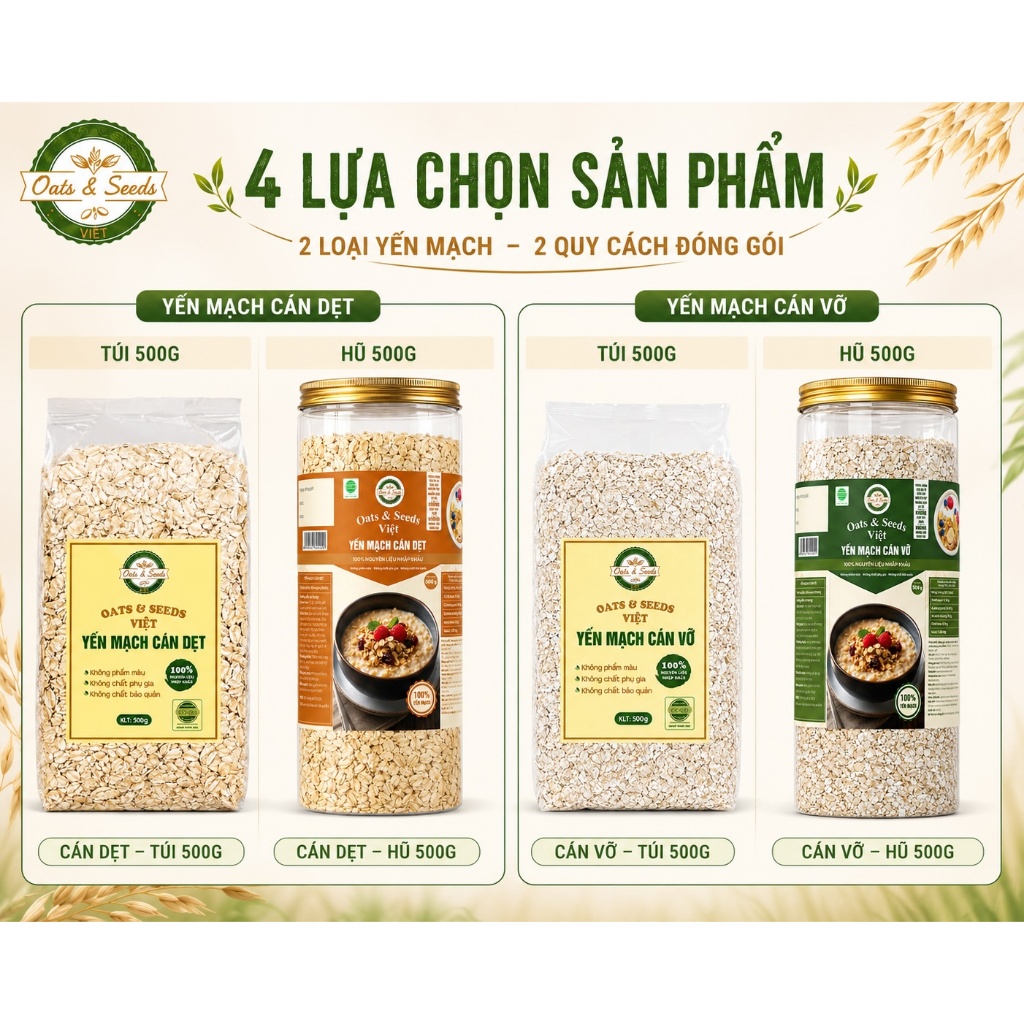 Yến Mạch Cán Dẹt Cán Vỡ 500g Oats & Seeds Việt - Túi 500g/Hũ 500g, Thực Phẩm Healthy