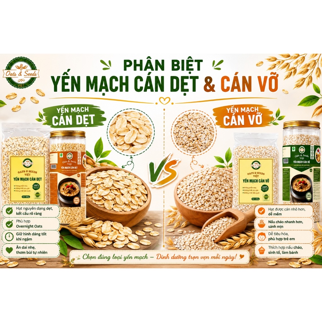 Yến Mạch Cán Dẹt Cán Vỡ 500g Oats & Seeds Việt - Túi 500g/Hũ 500g, Thực Phẩm Healthy