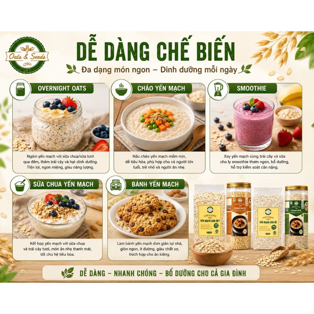 Yến Mạch Cán Dẹt Cán Vỡ 500g Oats & Seeds Việt - Túi 500g/Hũ 500g, Thực Phẩm Healthy