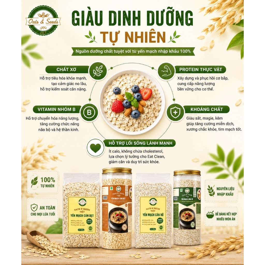 Yến Mạch Cán Dẹt Cán Vỡ 500g Oats & Seeds Việt - Túi 500g/Hũ 500g, Thực Phẩm Healthy