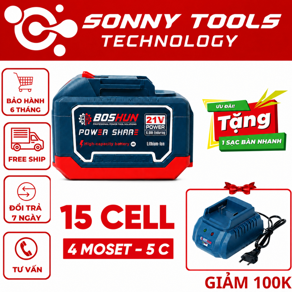 Pin Boshun 15 Cell Mạch 4 MOSFET  Vỏ ABS -  Chân Pin Phổ Thông - Chuyên Dùng Cho Máy KHoan, Mài, Siết, Vít...